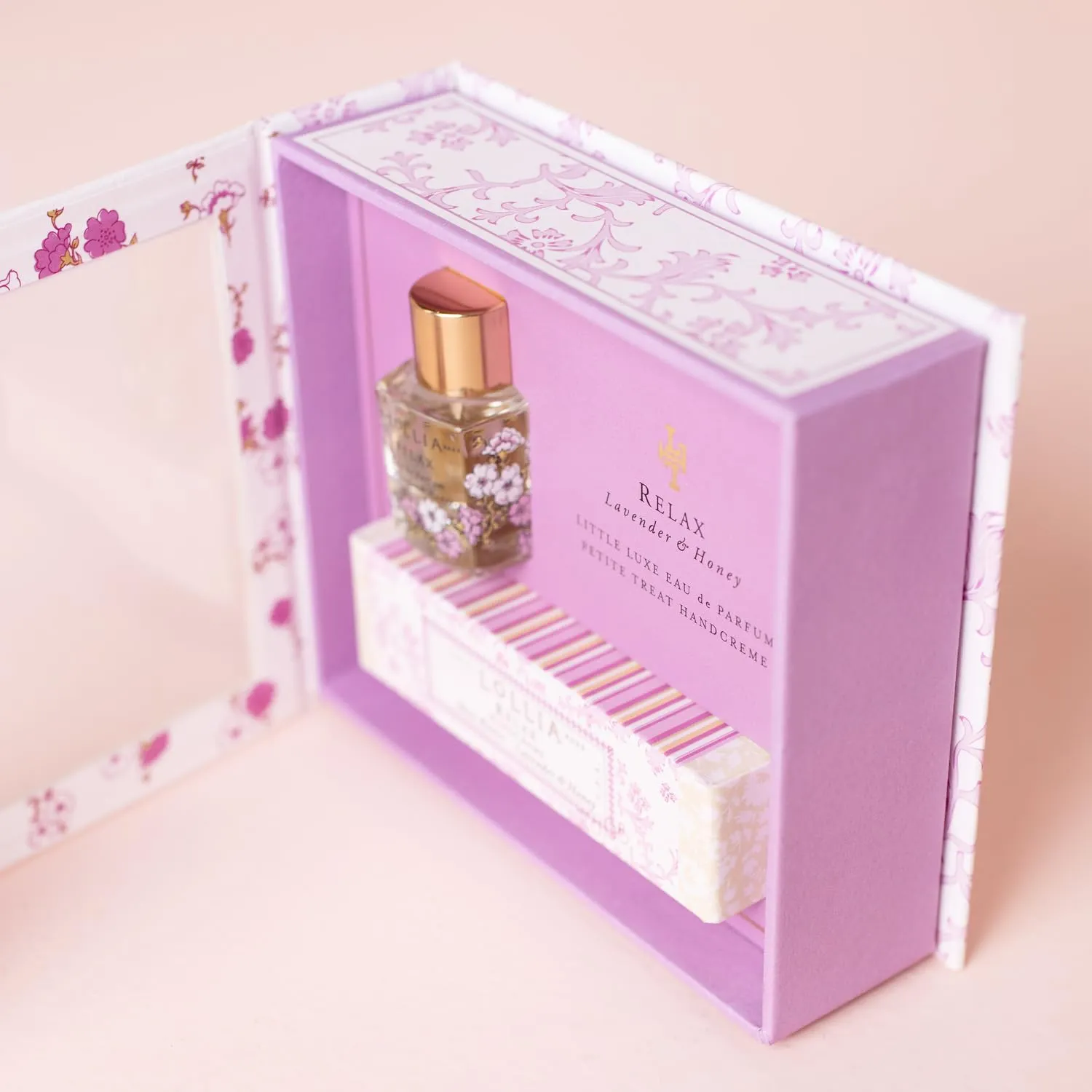 Lollia Relax Fragrance Story Gift Set – .16 fl. oz. Eau de Parfum & .33 oz. Petite Treat Handcreme – Lavender & Honey – Shea Butter Hand Cream for Women, Travel Size Perfume, Hand Lotion for Dry Hands