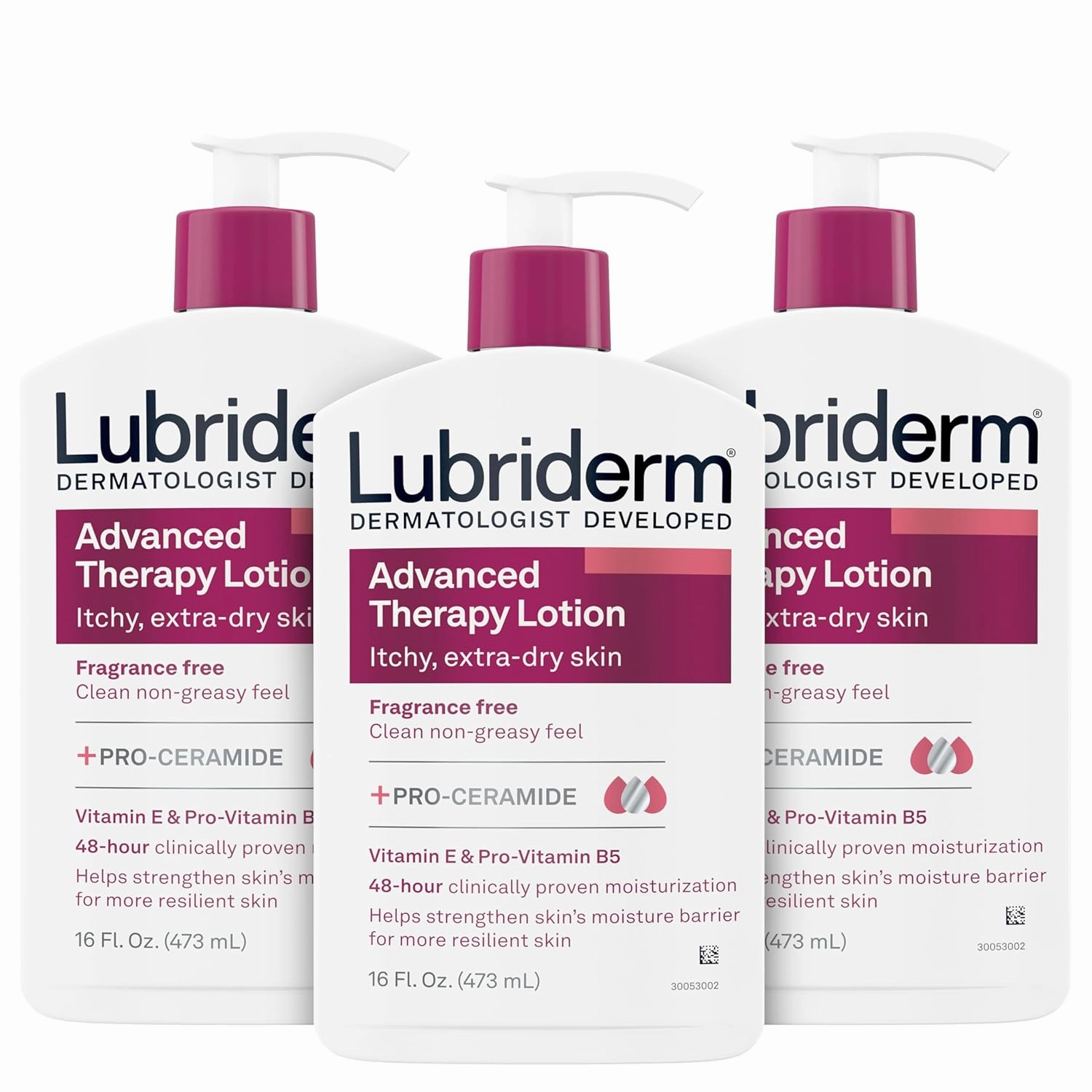 Lubriderm Advanced Therapy Fragrance-Free Moisturizing Lotion with Vitamins E and Pro-Vitamin B5, Intense Hydration for Extra Dry Skin, Non-Greasy Formula, Pack of Three, 3 x 16 fl. oz
