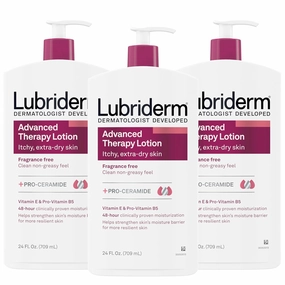 Lubriderm Advanced Therapy Fragrance-Free Moisturizing Lotion with Vitamins E and Pro-Vitamin B5, Intense Hydration for Extra Dry Skin, Non-Greasy Formula, Pack of Three, 3 x 24 fl. oz