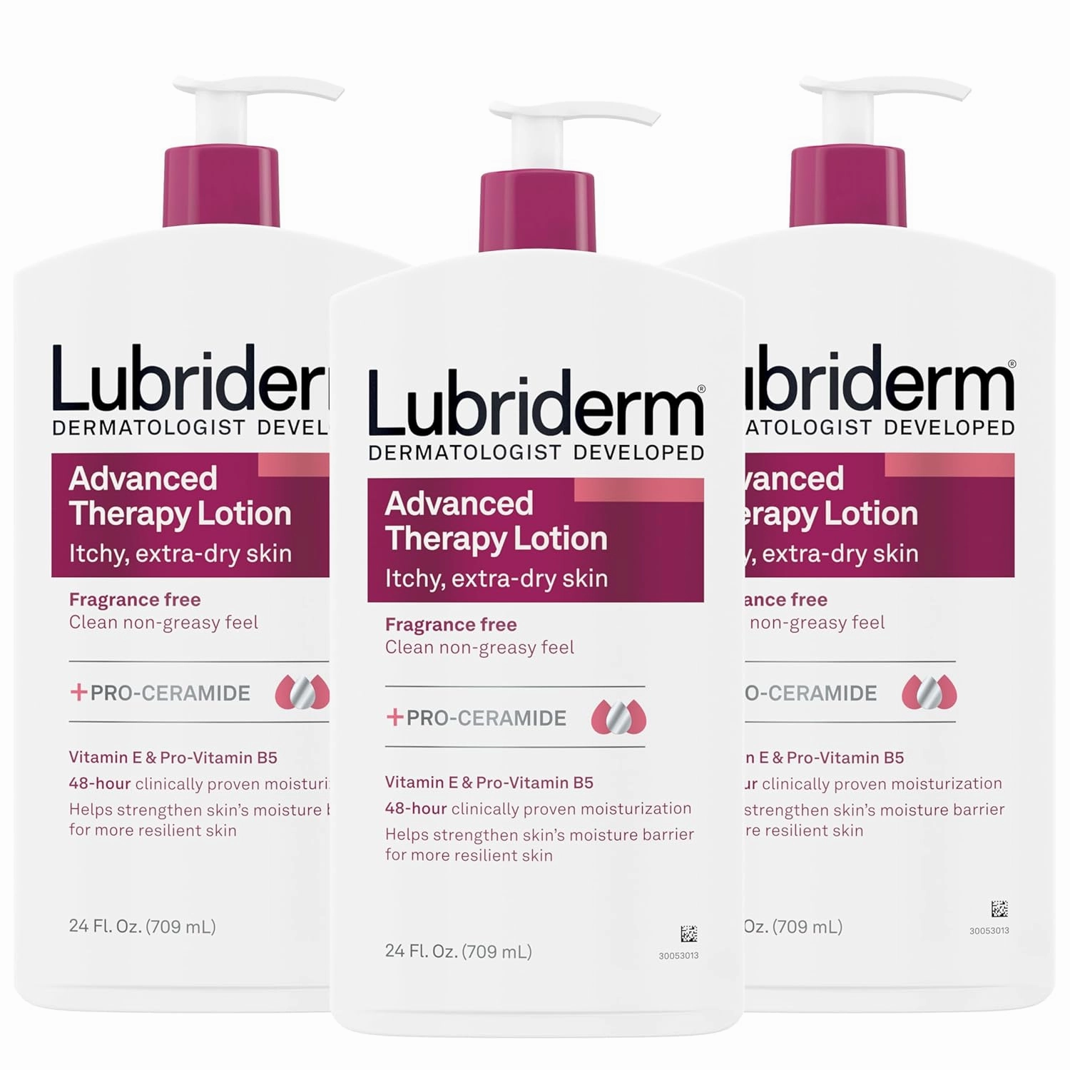 Lubriderm Advanced Therapy Fragrance-Free Moisturizing Lotion with Vitamins E and Pro-Vitamin B5, Intense Hydration for Extra Dry Skin, Non-Greasy Formula, Pack of Three, 3 x 24 fl. oz
