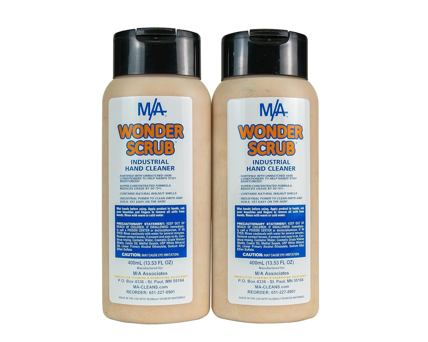 M/A Wonder Scrub - Industrial Strength Mechanic Hand Cleaner - All Natural Walnut Shell Soap - Tough on Grease, Dirt, Oil, and Paint (2 bottles 400ml)