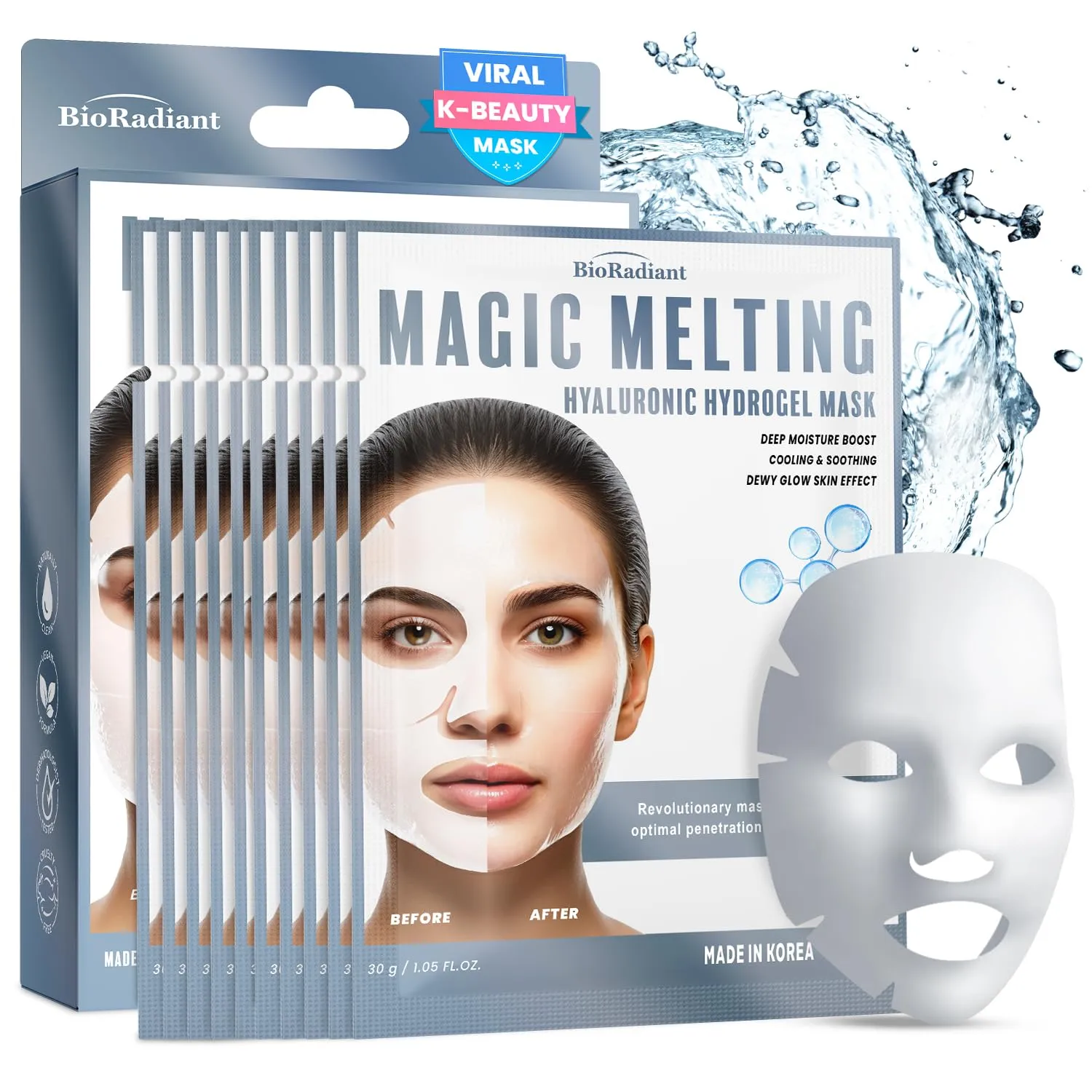 Magic Melting Hydrogel Mask with Ultra Deep Hydration for Glass Skin Effect Hydrogel Mask with Hyaluronic Acid Moisturizing - Cooling for Skin Effect - Made in Korea - Pack of 10