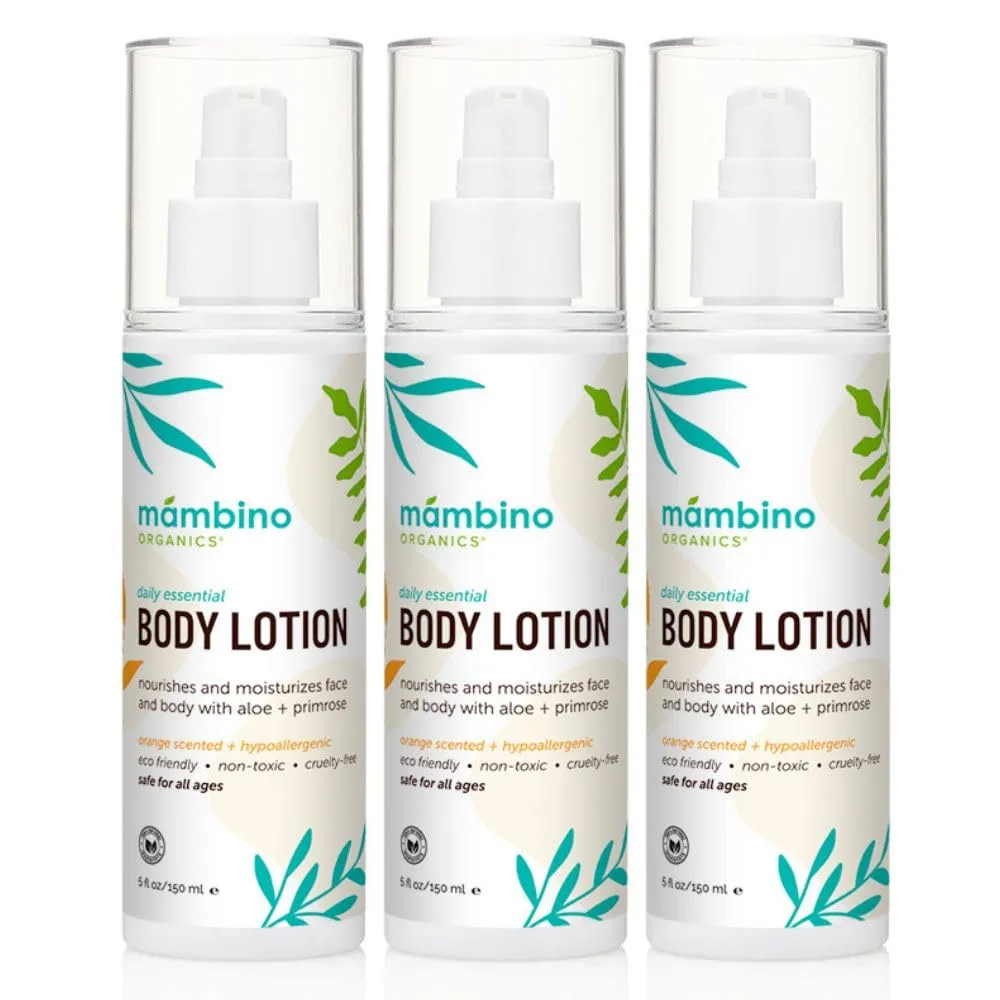 Mambino Organics Daily Essential Body Lotion – Natural & Non-Toxic Moisturizer with Sri Lankan Coconut & Aloe – Hydrating for Dry Skin, Face, Body & Hands – Vegan & Cruelty-Free Skin Care 5 floz 3Pack