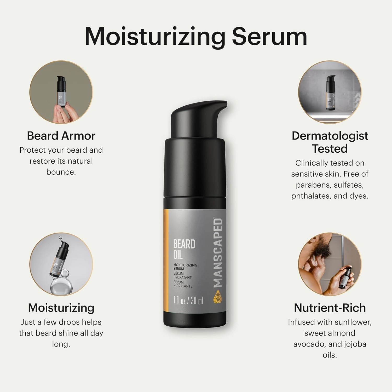 MANSCAPED® Beard Oil, Moisturizing Serum with Jojoba Seed, Sunflower, Sweet Almond Oils for a Nourishing, Hydrating Shine, (1 fl oz) 2-Pack