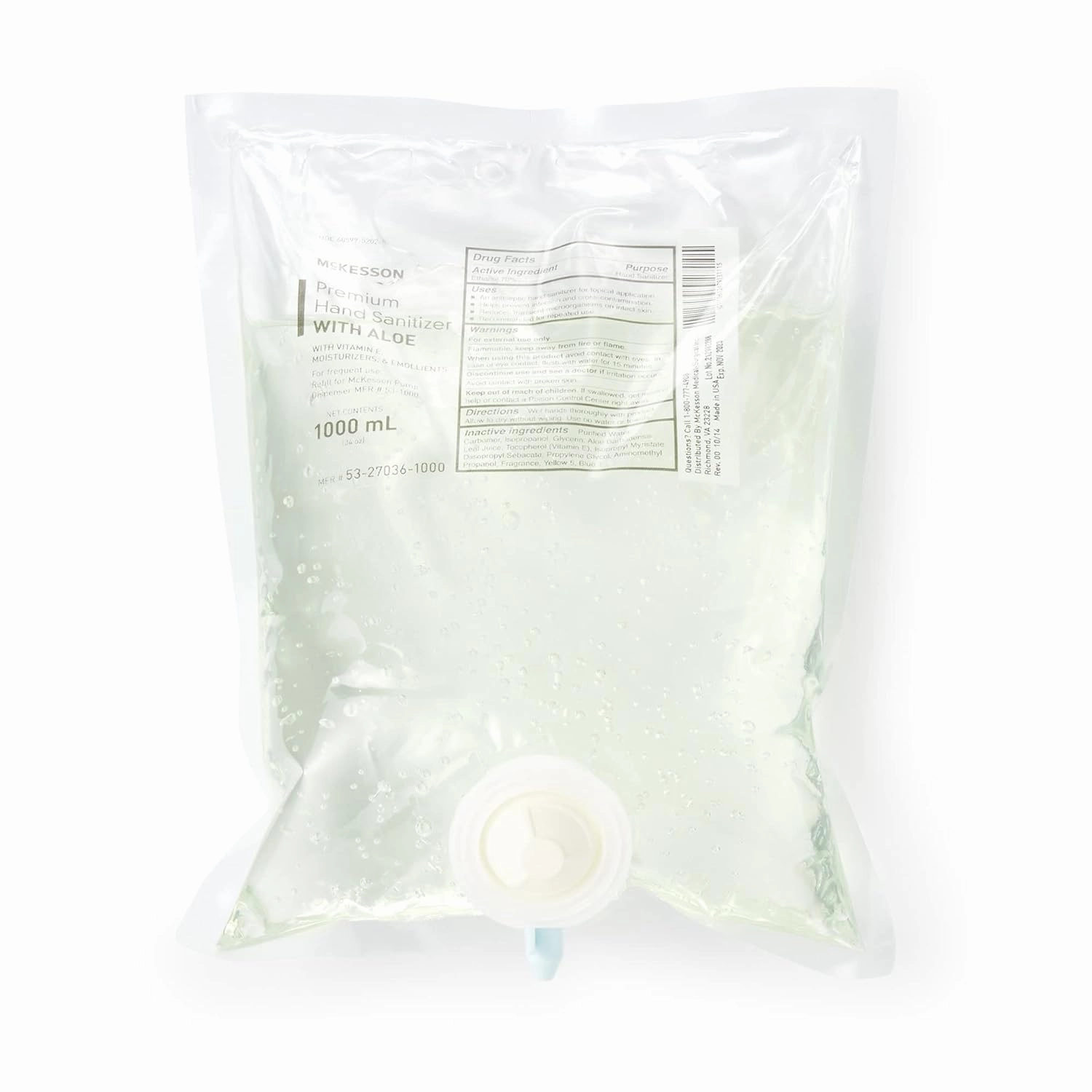 McKesson Premium Hand Sanitizer with Aloe, 34 oz [Pack of 10] Refill Bag Dispenser, Bulk, Ethyl Alcohol Gel, Vitamin E
