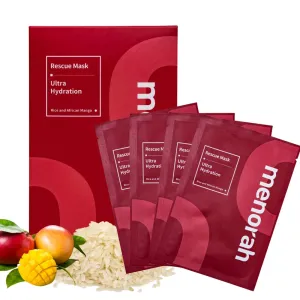 menorah skincare - Ultra Hydration Rescue Sheet Mask (4 Sheets) - with Rice, African Mango, Face sheet masks, Moisturizing mask, Super Hydration and Moisturizing, 100% Organic cotton sheet mask