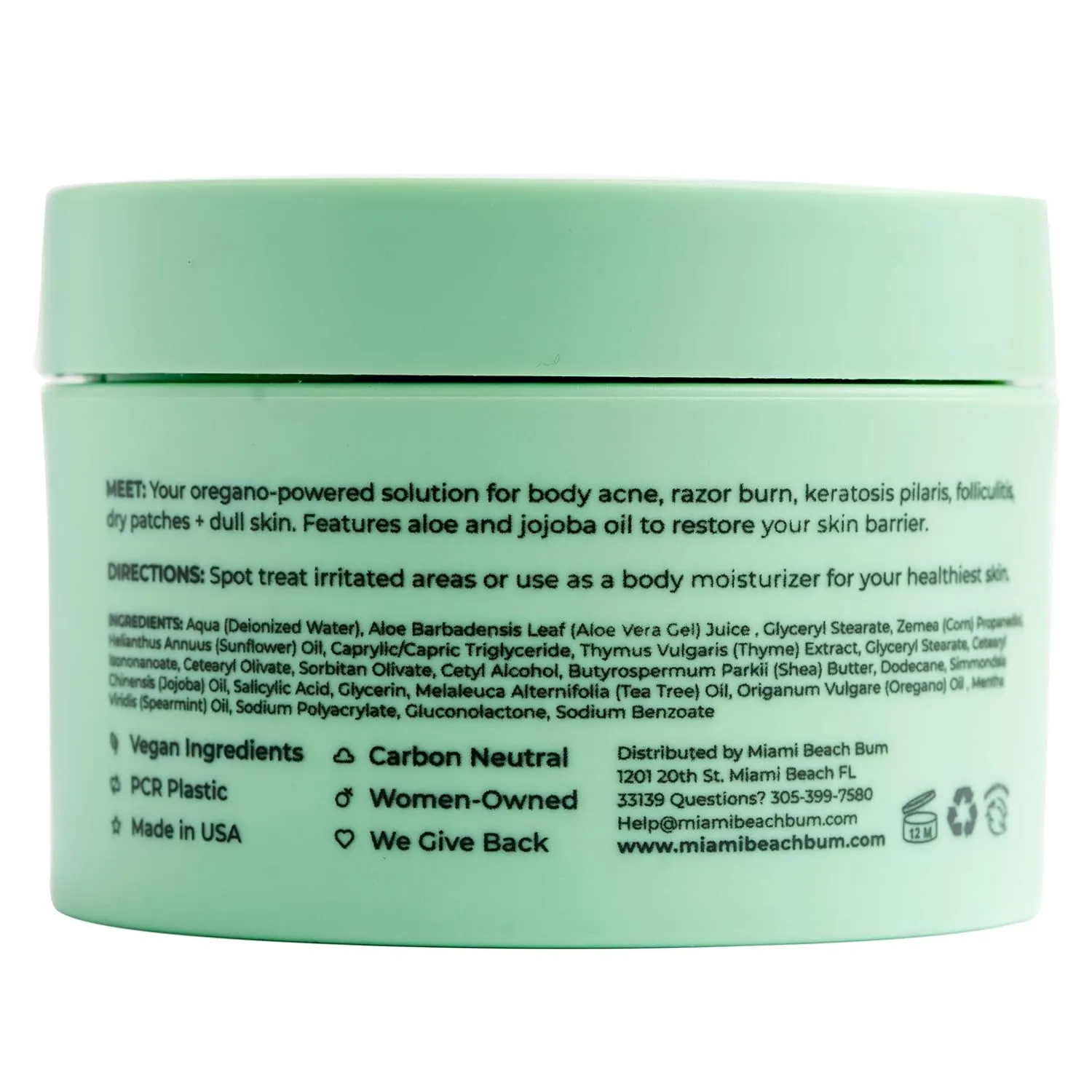 Miami Beach Bum, Bum   Body Butter Cream, Daily Moisturizer w/Oregano Oil for Body Acne, Keratosis Pilaris, Razor Burn, Ingrown Hairs, After Sun Lotion w/Aloe, Jojoba & Tea Tree, Mint, 3.4oz