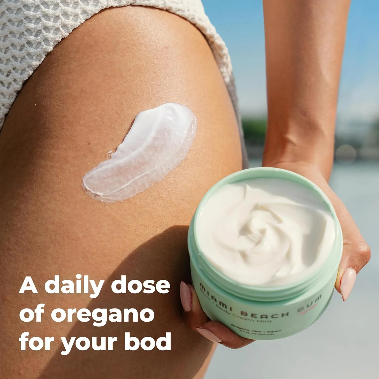 Miami Beach Bum, Bum   Body Butter Cream, Daily Moisturizer w/Oregano Oil for Body Acne, Keratosis Pilaris, Razor Burn, Ingrown Hairs, After Sun Lotion w/Aloe, Jojoba & Tea Tree, Mint, 3.4oz