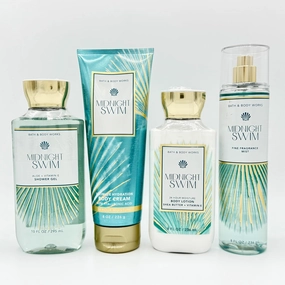Midnight Swim 4-Piece Bath Bundle | Shower Gel, Ultimate Hydration Body Cream, Body Lotion and Fine Fragrance Mist