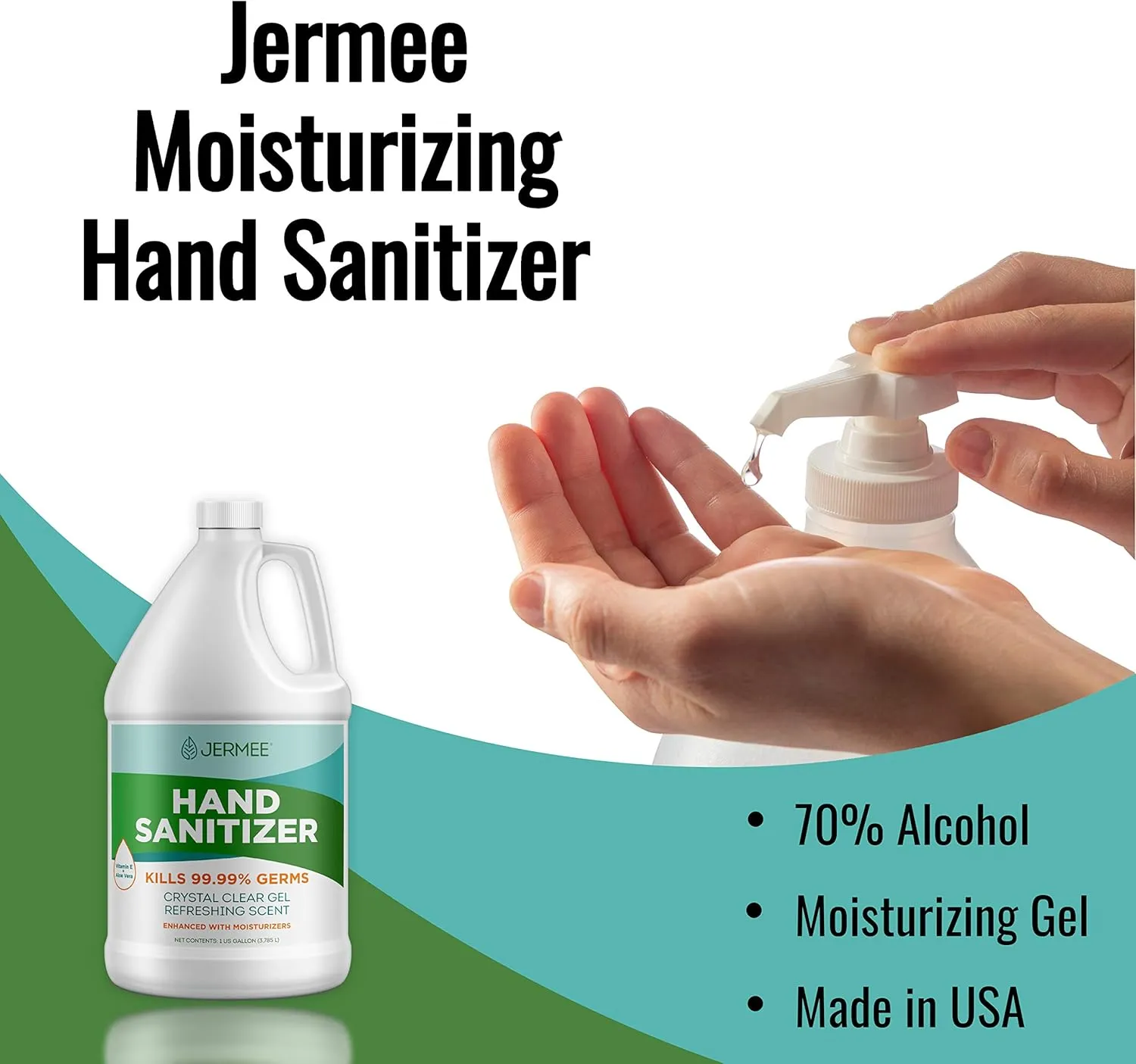 Moisturizing Hand Sanitizer Gel, 70% Alcohol - Kills 99.99% Germs, Enhanced with Vitamin E and Aloe Vera - Crystal Clear Gel, Refreshing Scent, Made in USA - 1 Gallon