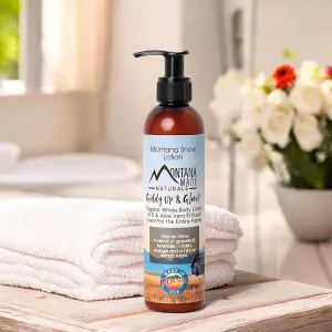 Montana Snow Lotion - Organic handmade hydrating daily moisturizing lotion for extremely dry skin, Shea body lotion, 100% natural non toxic body lotion, Vit E and aloe vera 8oz (Glacier Glow)