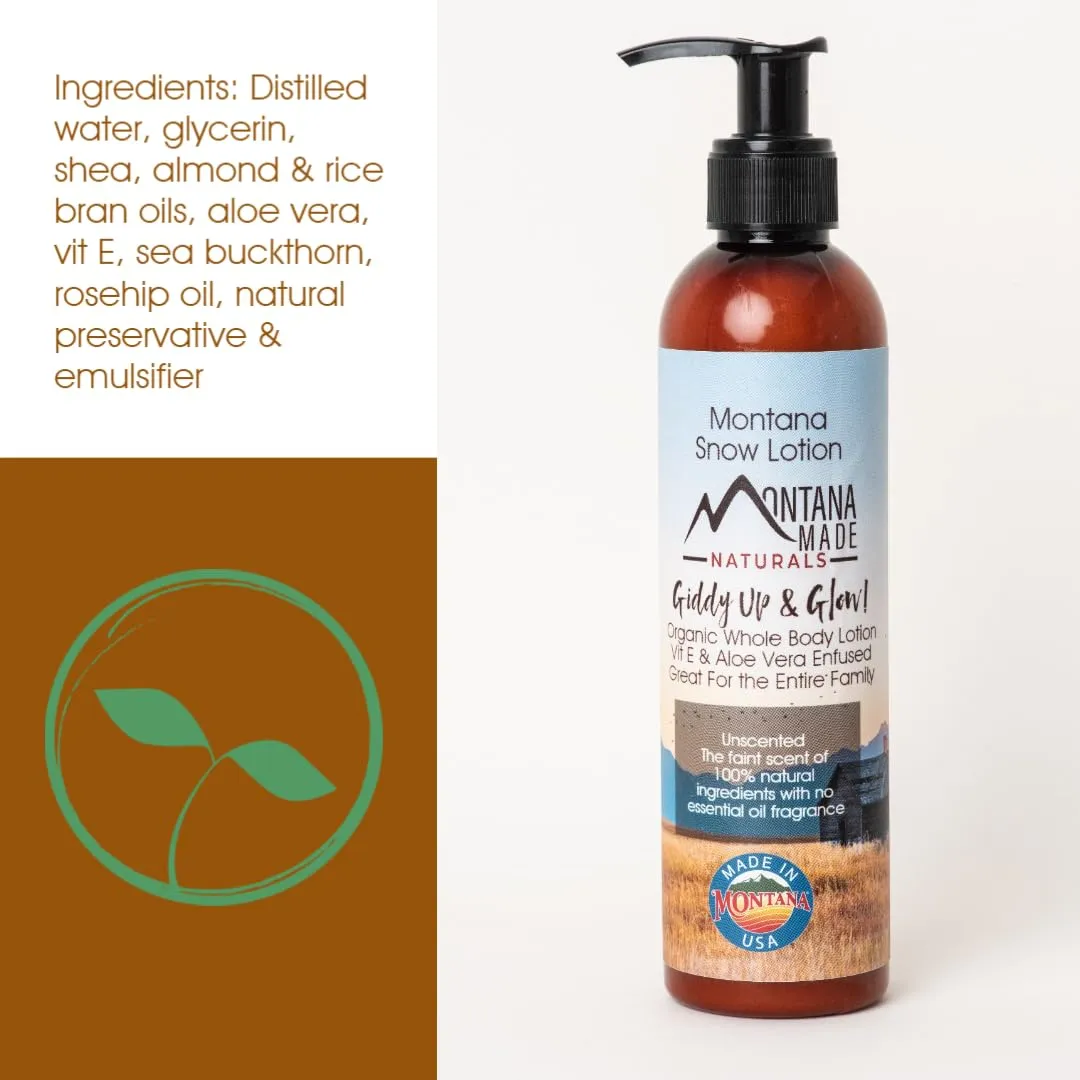 Montana Snow Lotion - Organic handmade hydrating daily moisturizing lotion for extremely dry skin, Shea body lotion, 100% natural non toxic body lotion, Vit E and aloe vera 8oz (Glacier Glow)