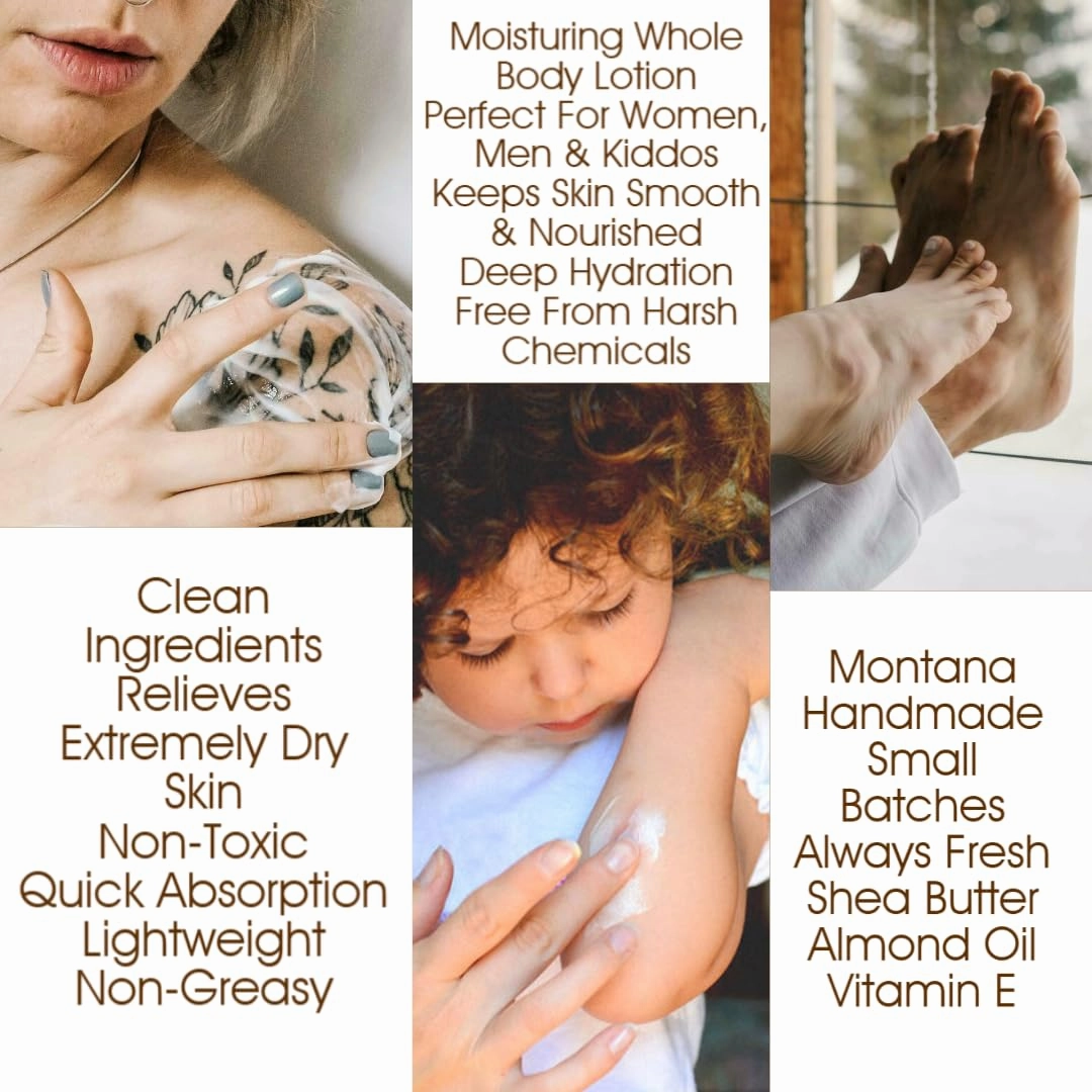 Montana Snow Lotion - Organic handmade hydrating daily moisturizing lotion for extremely dry skin, Shea body lotion, 100% natural non toxic body lotion, Vit E and aloe vera 8oz (Unscented 8oz)