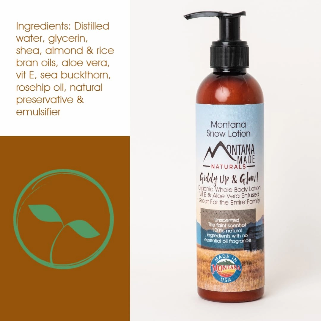 Montana Snow Lotion - Organic handmade hydrating daily moisturizing lotion for extremely dry skin, Shea body lotion, 100% natural non toxic body lotion, Vit E and aloe vera 8oz (Unscented 8oz)