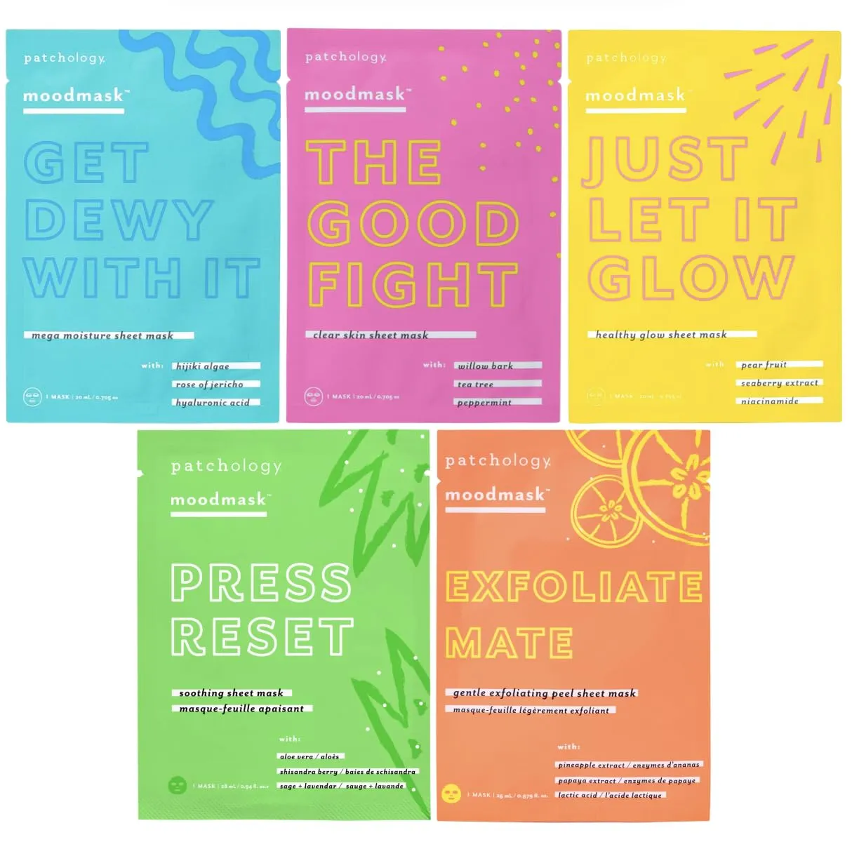 MoodMask Me-Time Face Mask Kit – Hydrating Sheet Masks for Glowing Skin, Exfoliating, Soothing, and Brightening - Includes 5 Facial Masks for Skincare Routine, Self-Care, Travel, and Weekly Use