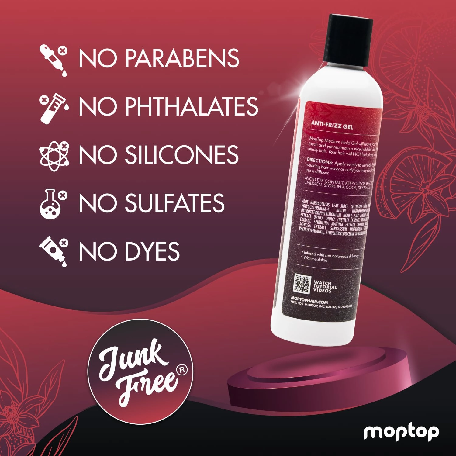 MopTop Salon Anti Frizz Hair Gel – Salon Quality Curl Defining Gel to Enhance Wavy, Curly and Kinky-Coily Hair, Medium Hold, For Frizz Control, with Aloe, Sea Botanicals & Honey (Citrus Medley, 8oz)