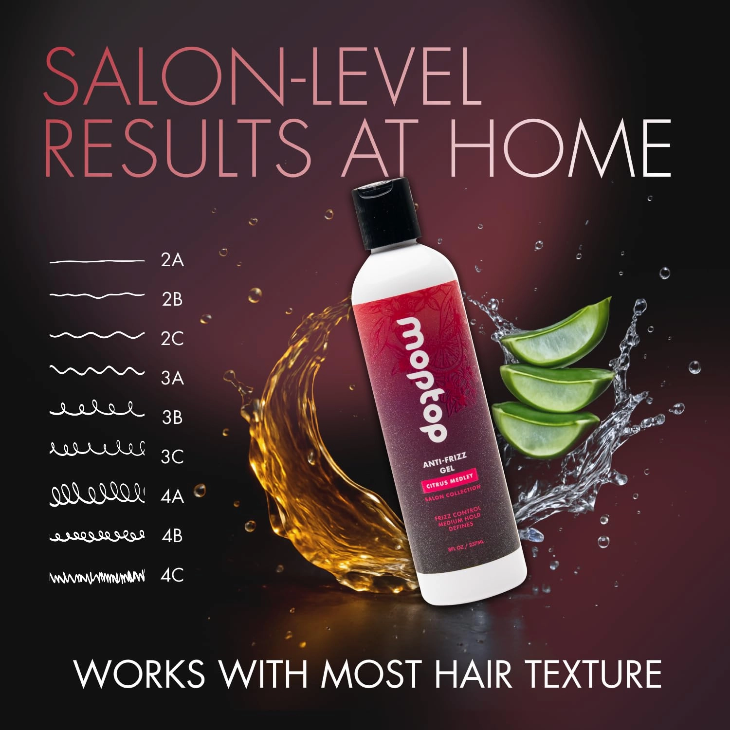 MopTop Salon Anti Frizz Hair Gel – Salon Quality Curl Defining Gel to Enhance Wavy, Curly and Kinky-Coily Hair, Medium Hold, For Frizz Control, with Aloe, Sea Botanicals & Honey (Citrus Medley, 8oz)