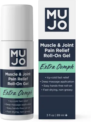 MUJO Extra Oomph Pain Relief Roll-On Gel – Fast-Acting, Long-Lasting Menthol with Organic Arnica, Aloe, Hemp – ICY Relief for Muscles, Joints, Backaches, Arthritis – 3 fl oz