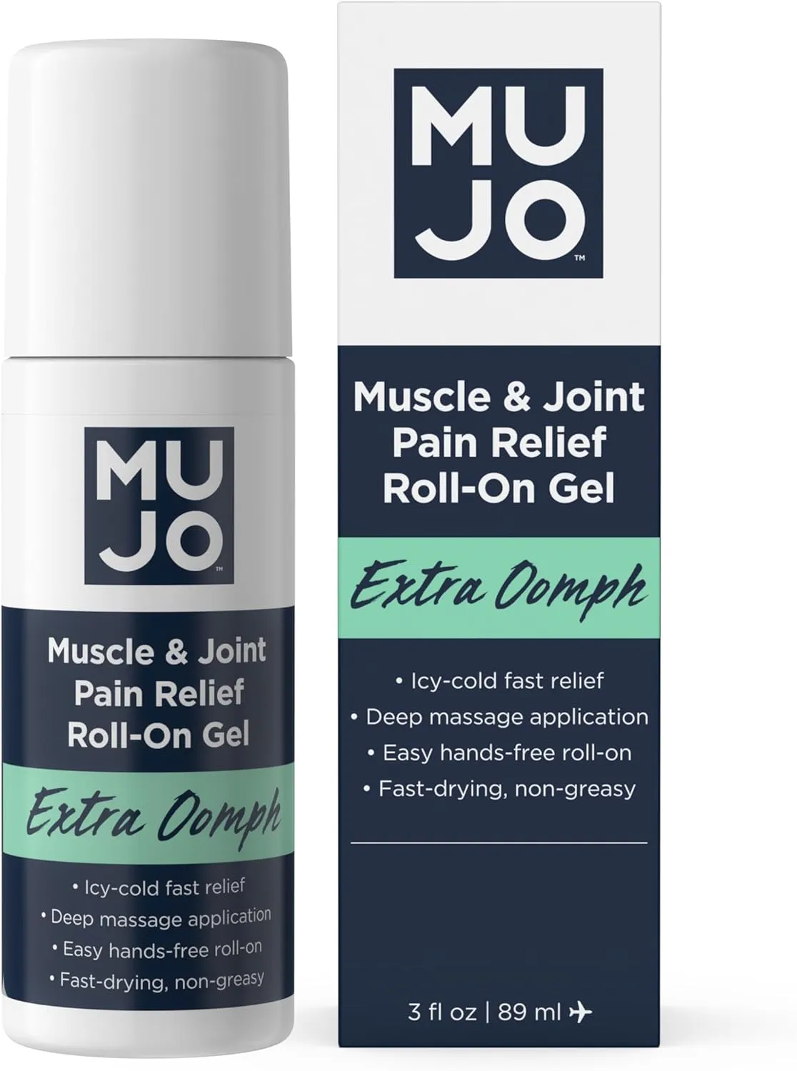 MUJO Extra Oomph Pain Relief Roll-On Gel – Fast-Acting, Long-Lasting Menthol with Organic Arnica, Aloe, Hemp – ICY Relief for Muscles, Joints, Backaches, Arthritis – 3 fl oz