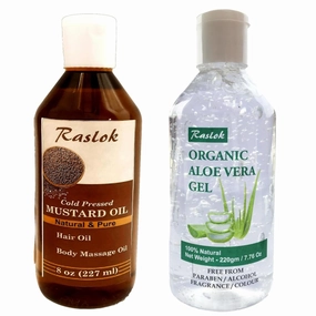 Mustard Oil 100% Pure & Natural Cold Pressed (8 Fl OZ) Aloe Vera Gel 100% Pure & Natural (7.76 OZ) – Nourishing for Hair, Skin & Massage, Moisturizing & Hydrating Combo