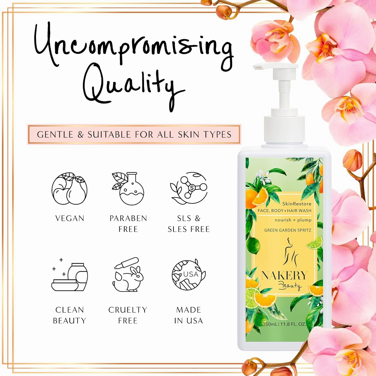 Nakery SkinRestore Hydrating Face & Body Wash with Hyaluronic Acid - Body Wash for Sensitive Skin - Foaming Face Wash & Oil Cleanser for Women 350ml - Sulfate Free & Cruelty Free - Green Garden Spritz