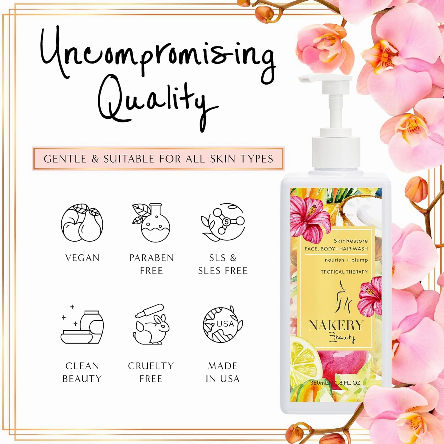Nakery SkinRestore Hydrating Face & Body Wash with Hyaluronic Acid - Body Wash for Sensitive Skin - Foaming Face Wash & Oil Cleanser for Women 350ml - Sulfate Free & Cruelty Free - Tropical Threrapy