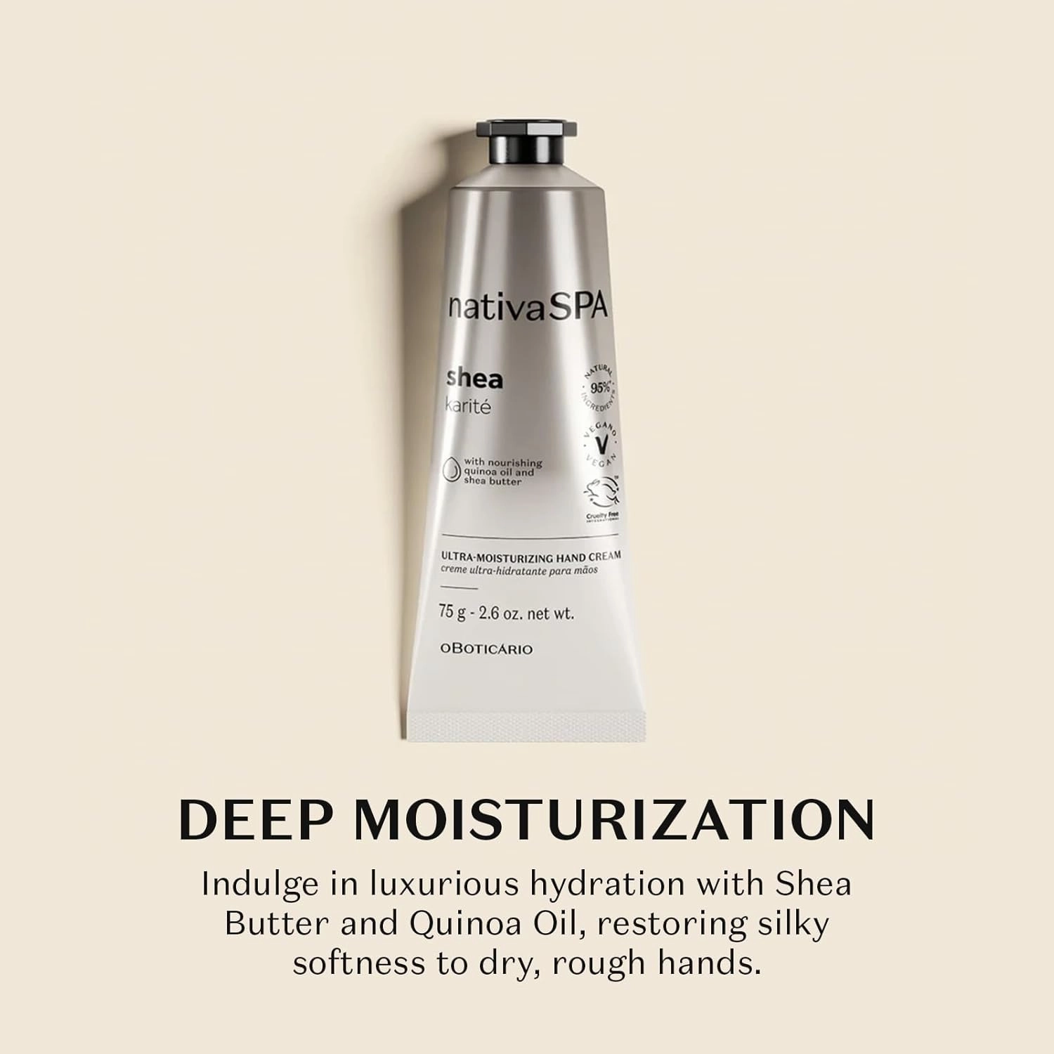 Nativa SPA by O Boticário, Shea Ultra-Moisturizing Hand Cream, Deeply Nourishing Formula with Shea Butter & Quinoa Oil, 2.6 Ounce