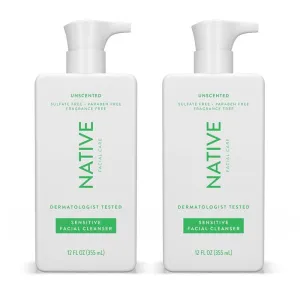 Native Sensitive Face Wash, Spa Day Every Day Facial Cleanser (2 Pack) | Daily Face Cleaner with Aloe and Vitamin B3, Unscented, 12 fl oz