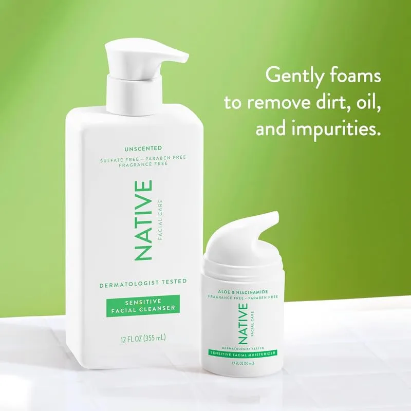 Native Sensitive Face Wash, Spa Day Every Day Facial Cleanser (2 Pack) | Daily Face Cleaner with Aloe and Vitamin B3, Unscented, 12 fl oz