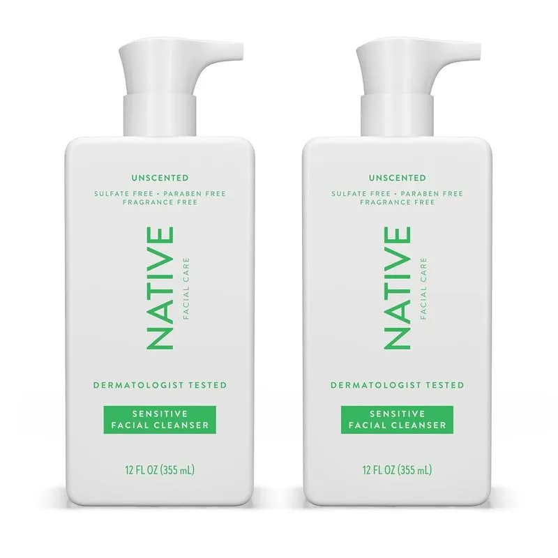 Native Sensitive Face Wash, Spa Day Every Day Facial Cleanser (2 Pack) | Daily Face Cleaner with Aloe and Vitamin B3, Unscented, 12 fl oz