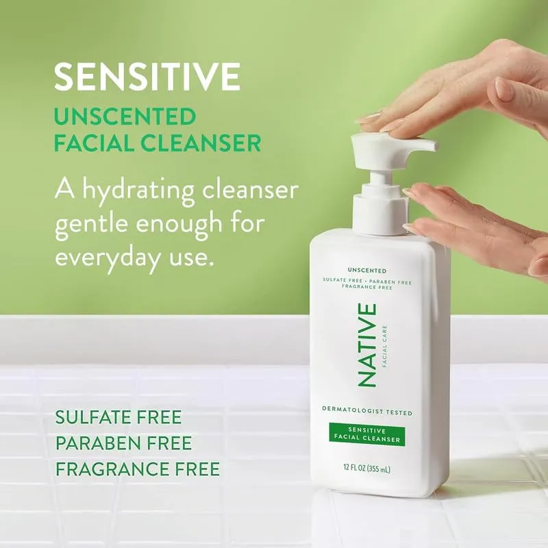 Native Sensitive Face Wash, Spa Day Every Day Facial Cleanser (2 Pack) | Daily Face Cleaner with Aloe and Vitamin B3, Unscented, 12 fl oz