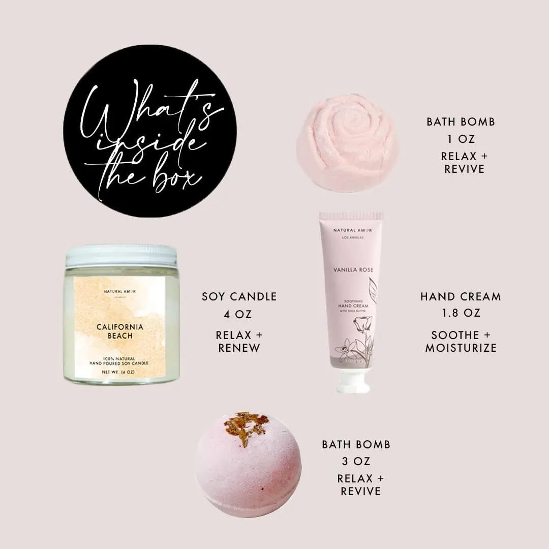 Natural Amor Relaxation Spa Gifts for Women,4pcs Gift Box Including Candle, Hand cream, Bath Bomb
