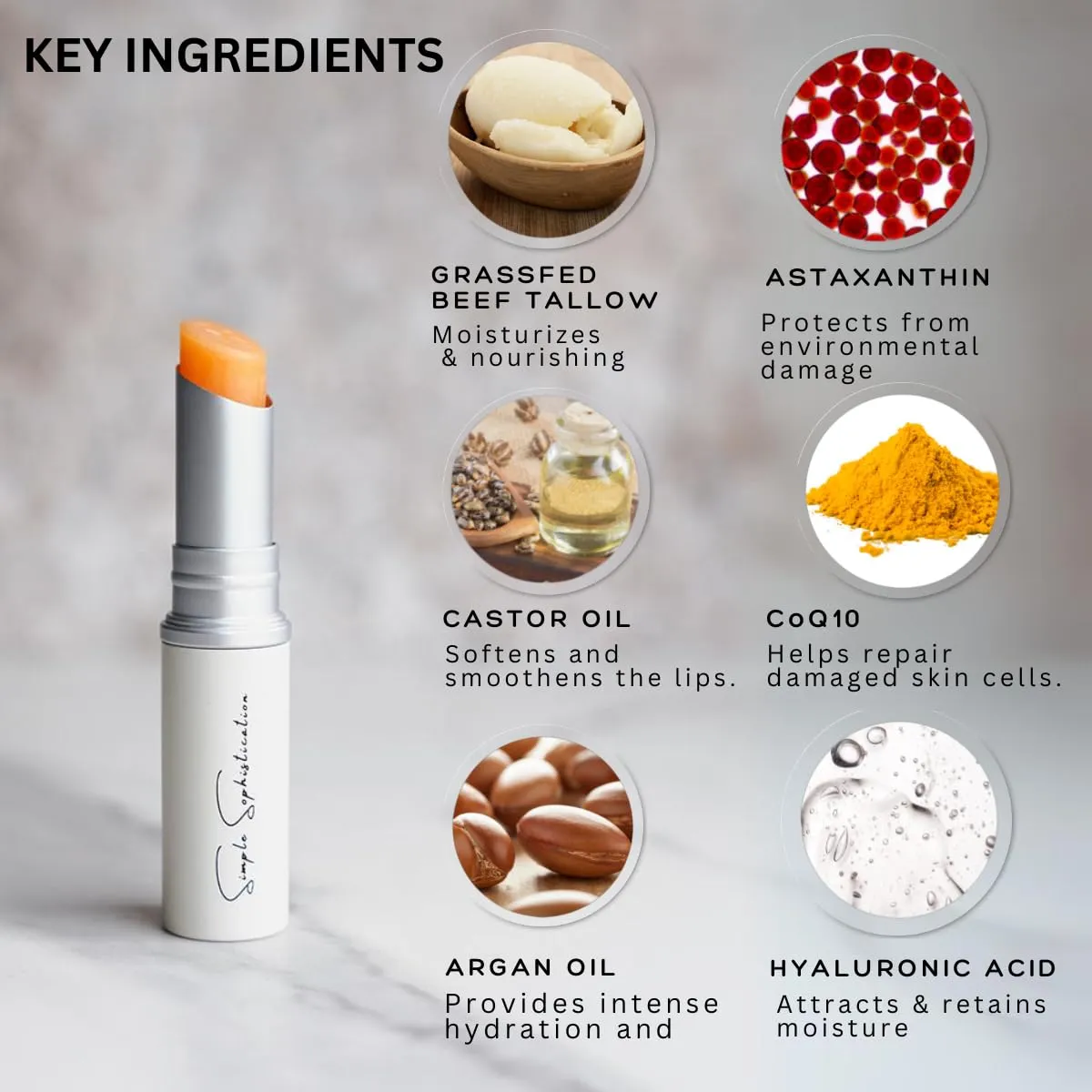 Natural Lip Balm - Anti-Aging with 100%-grassfed Beef Tallow, CoQ10, Astaxanthin, Hyaluronic acid - Ultra Moisturizing, Conditioning, All natural, Organic, Made in USA (Untinted)