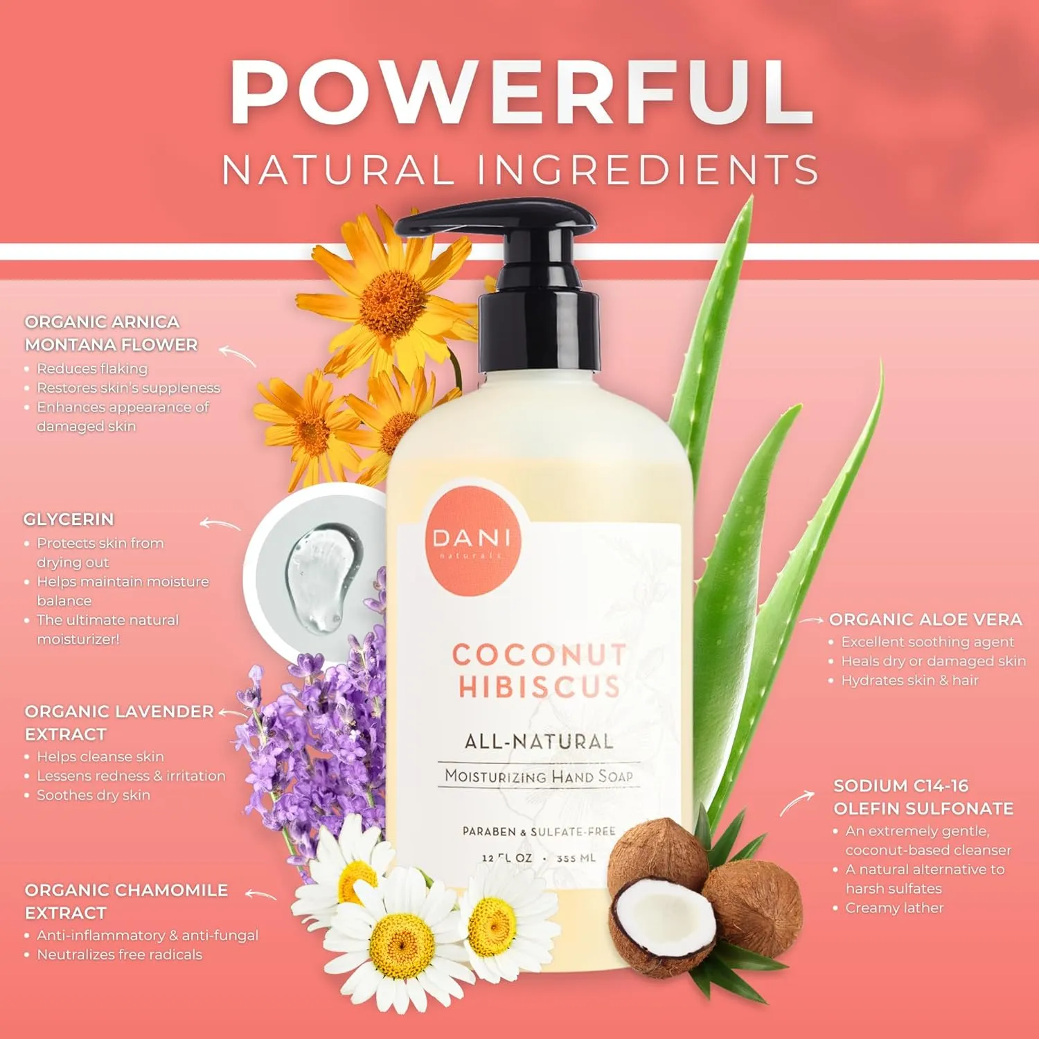 Naturals Moisturizing Hand Soap – Coconut Hibiscus Scent, Hydrating, Sulfate-Free & Paraben-Free, 12 Oz Bottle with Pump, Gentle Cleansing for Dry Skin