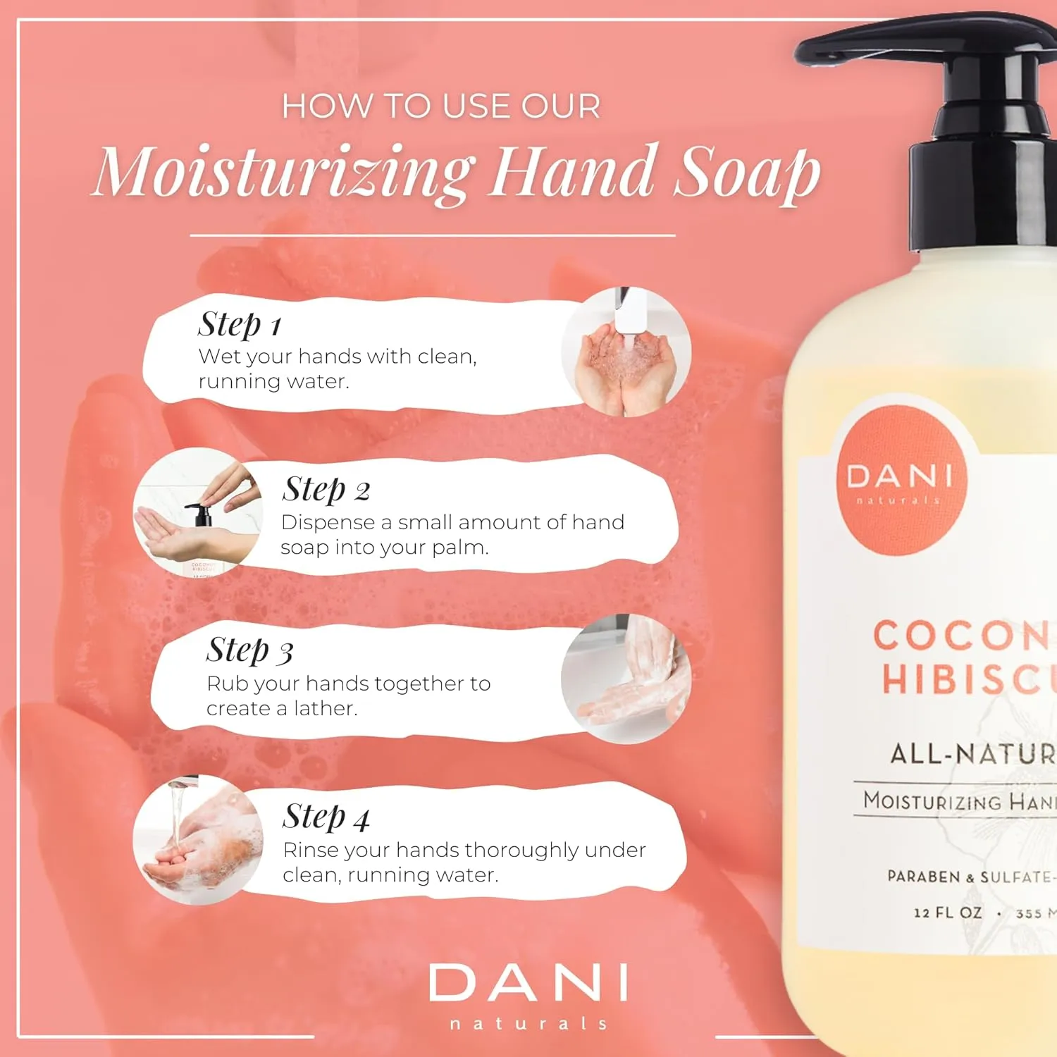 Naturals Moisturizing Hand Soap – Coconut Hibiscus Scent, Hydrating, Sulfate-Free & Paraben-Free, 12 Oz Bottle with Pump, Gentle Cleansing for Dry Skin