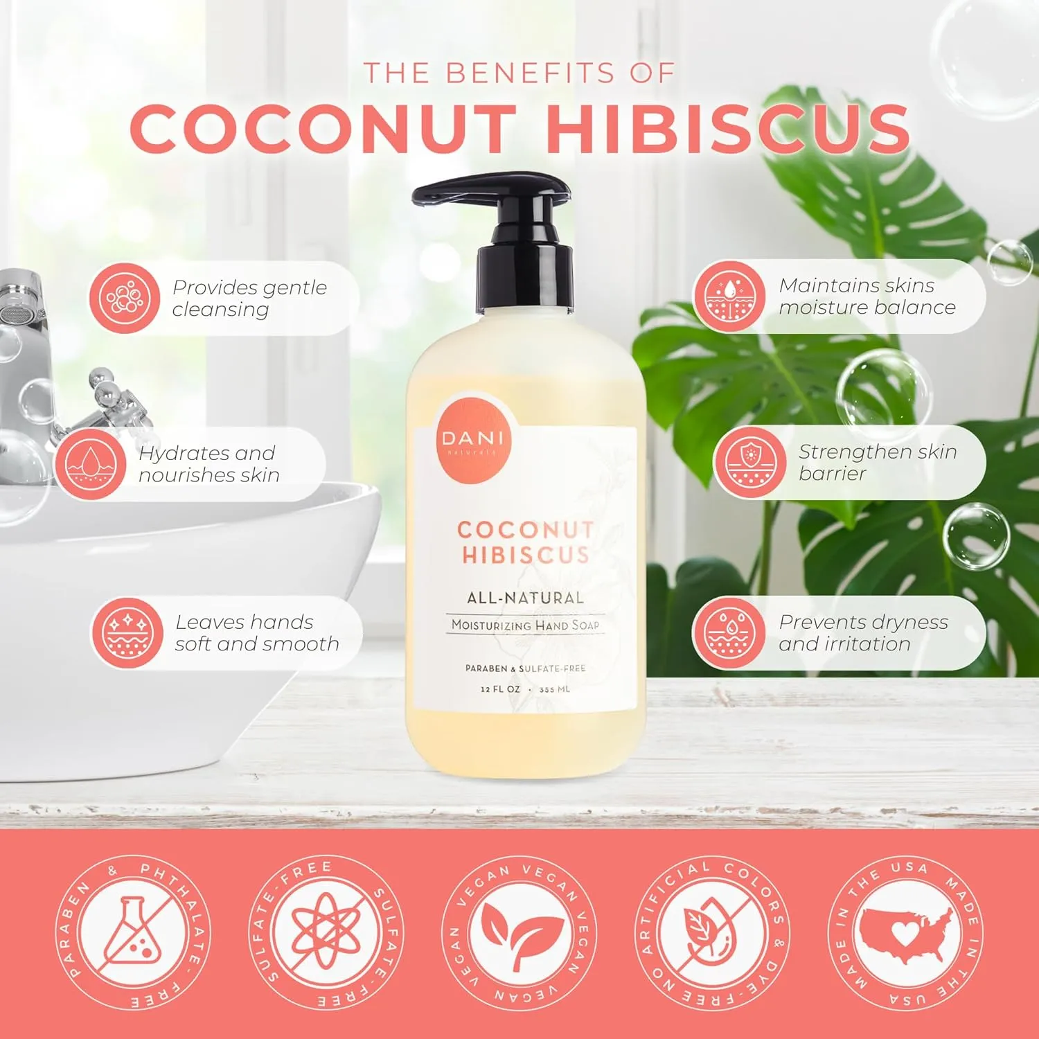 Naturals Moisturizing Hand Soap – Coconut Hibiscus Scent, Hydrating, Sulfate-Free & Paraben-Free, 12 Oz Bottle with Pump, Gentle Cleansing for Dry Skin