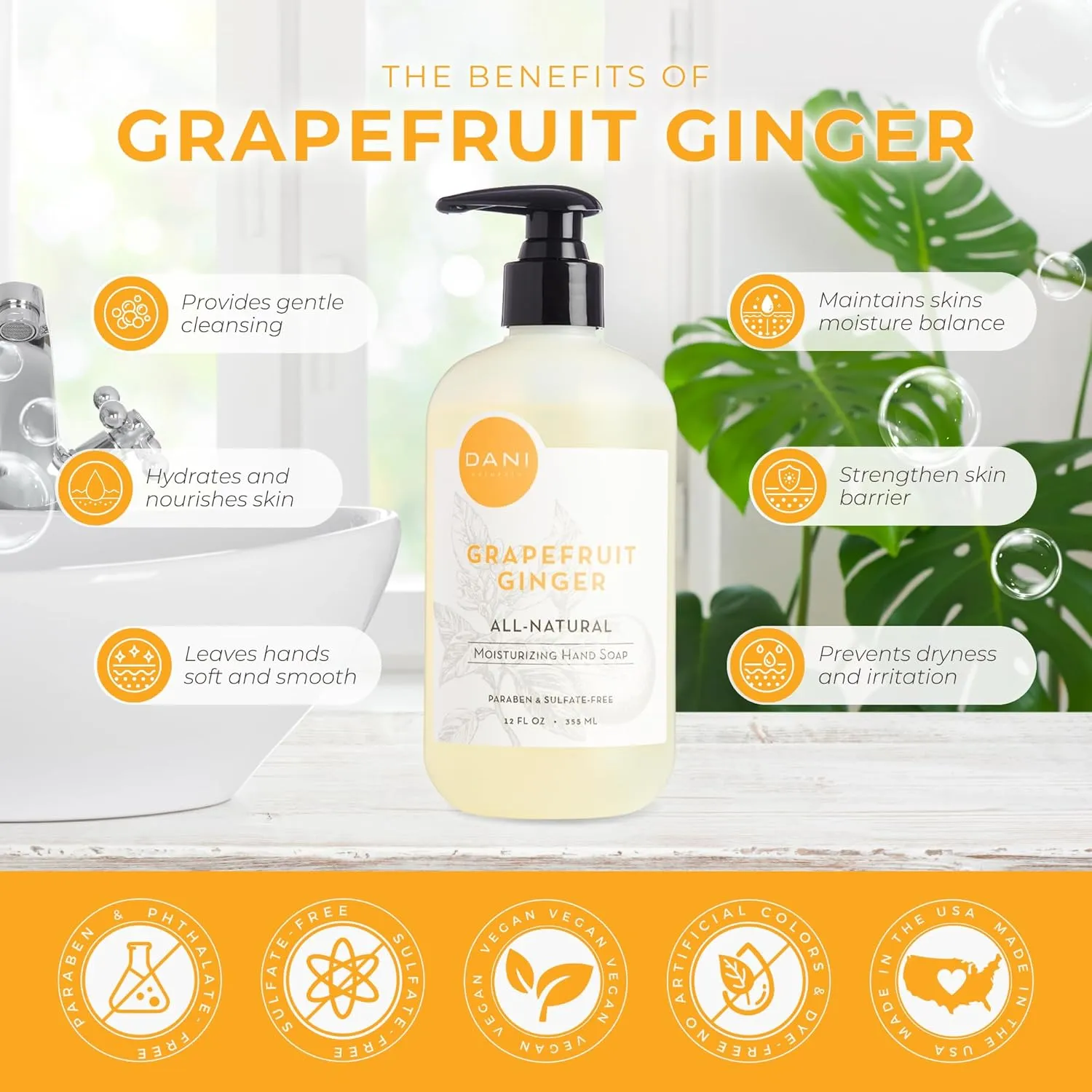 Naturals Moisturizing Hand Soap – Grapefruit Ginger Scent, Hydrating, Sulfate-Free & Paraben-Free, 12 Oz Bottle with Pump, Gentle Cleansing for Dry Skin