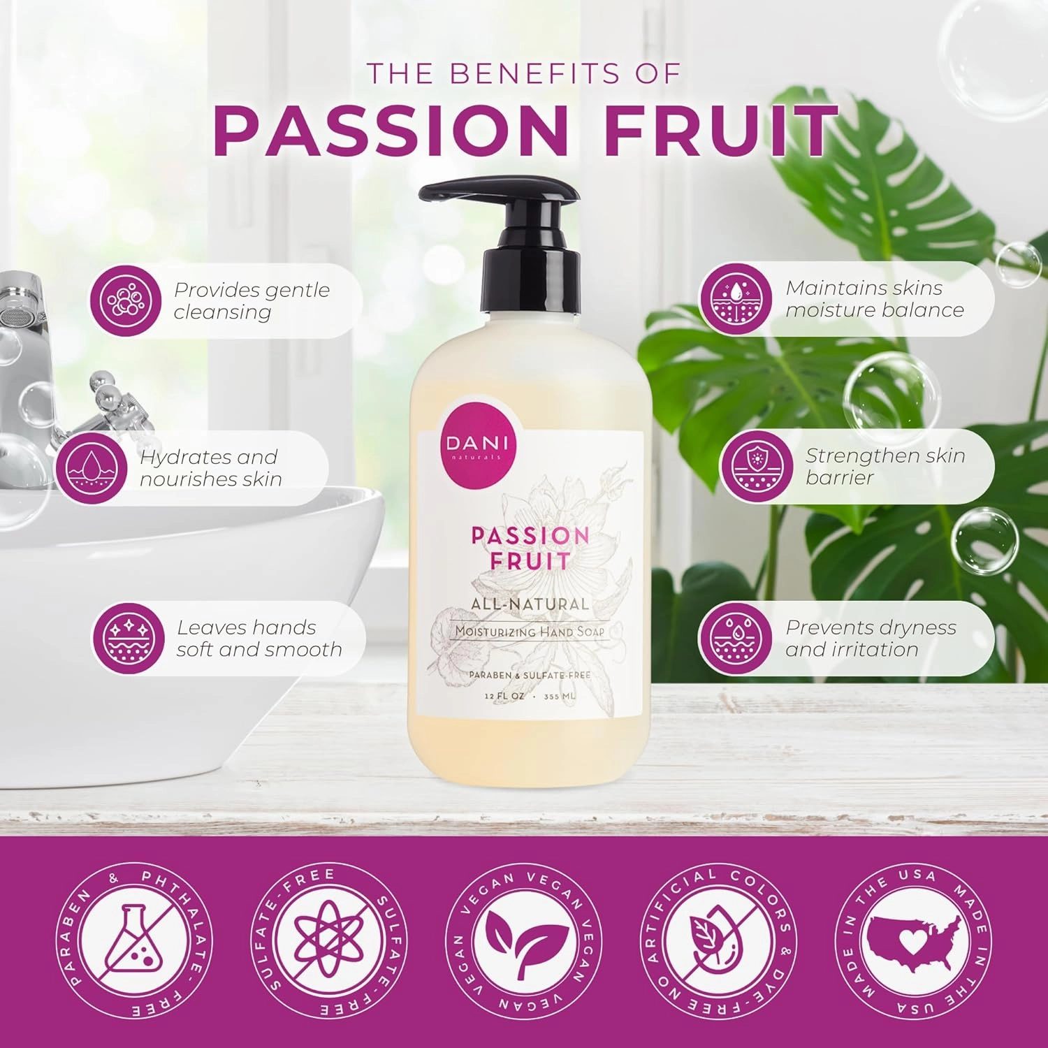 Naturals Moisturizing Hand Soap - Passion Fruit Scent, Hydrating, Sulfate-Free & Paraben-Free, 12 Oz Bottle with Pump, Gentle Cleansing for Dry Skin