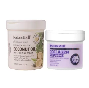 NATURE WELL Extra Virgin Coconut Oil 16oz & Collagen Peptide 10oz Moisturizing Cream Bundle for Face, Body, & Hands, Plump & Nourish, Smooth & Soften, Provides Intense Hydration For Dry & Dull Skin