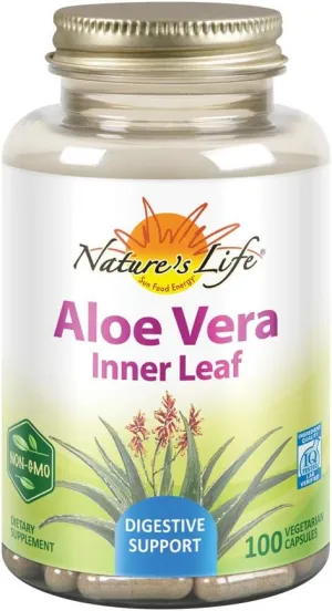 Nature's Life Aloe Vera Inner Leaf | Skin Health, Digestive Support & Regularity Formula | with Fennel | Non-GMO & Vegan | No Fillers | 100 Veg Caps