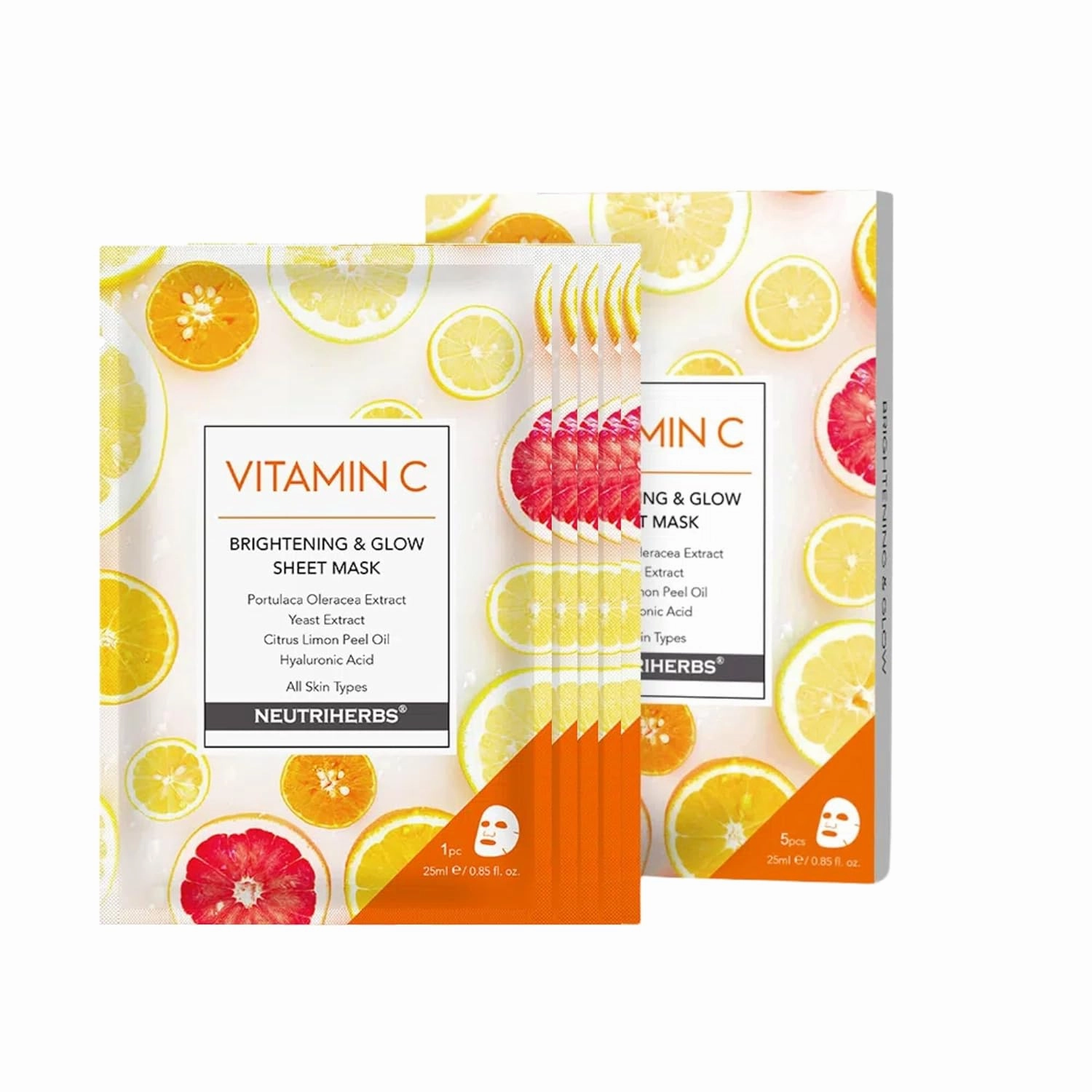 Neutriherbs Facial Mask Vitamin C Face Sheet Silk Mask Sleep Mask - Moisturizing and Smoothing Improve Skin’s Elasticity Hydrates Skin 5pcs/Box