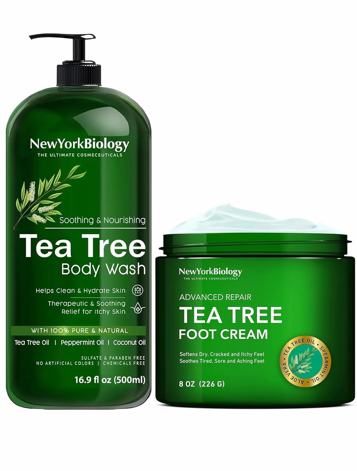 New York Biology Tea Tree Body Wash with Tea Tree Oil Foot Cream for Dry Cracked Feet - Helps Jock Itch & Itchy Skin, Nail Fungus, Athletes Foot, Eczema & Body Odor, Ringworms – Moisturizing Cream
