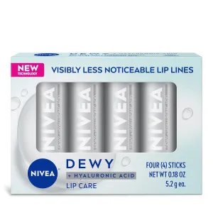 NIVEA Dewy Lip Balm with Hyaluronic Acid, Leaves Visibly Less Noticeable Lip Lines and No Waxy Feel, 0.18 Oz, Pack of 4