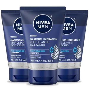 NIVEA MEN Maximum Hydration Deep Cleaning Face Scrub with Aloe Vera, Skin Care Gifts for Dad, 4.4 Oz Tubes, Pack of 3