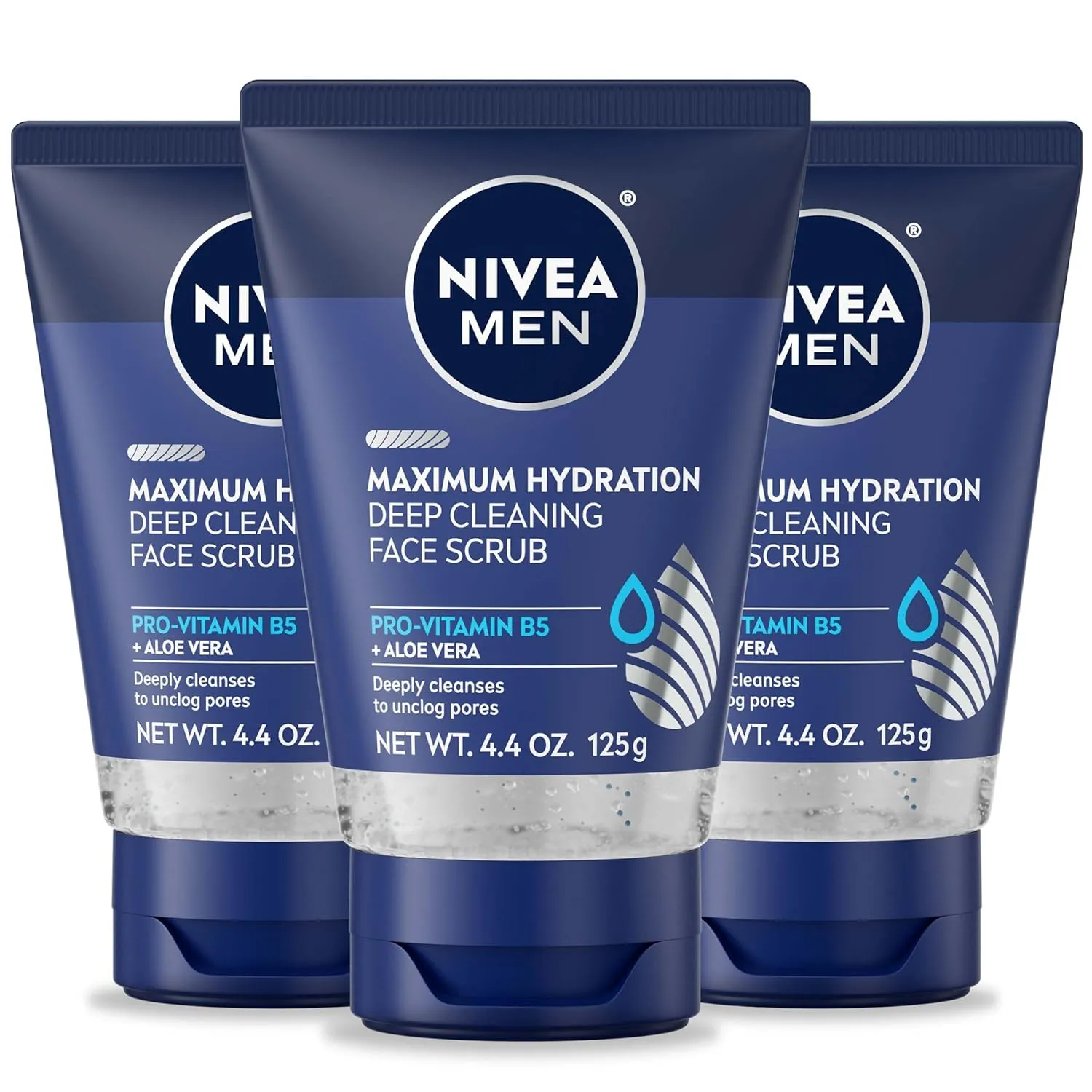 NIVEA MEN Maximum Hydration Deep Cleaning Face Scrub with Aloe Vera, Skin Care Gifts for Dad, 4.4 Oz Tubes, Pack of 3