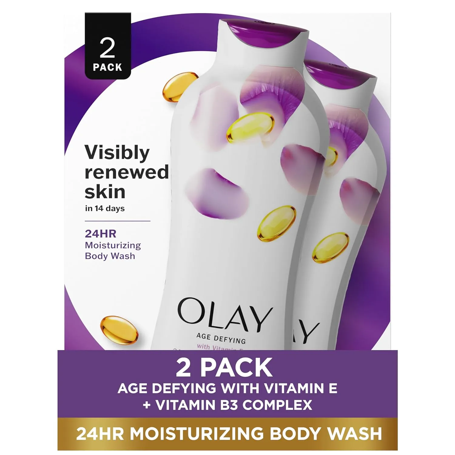 Olay Body Wash for Women, Age Defying with Vitamin E, 24hr Moisturizing, Hydrating & Refreshing, B3 Vitamin Complex, Free of Parabens & Phthalates, For All Skin Types, Scented, 22 fl oz (Pack of 2)