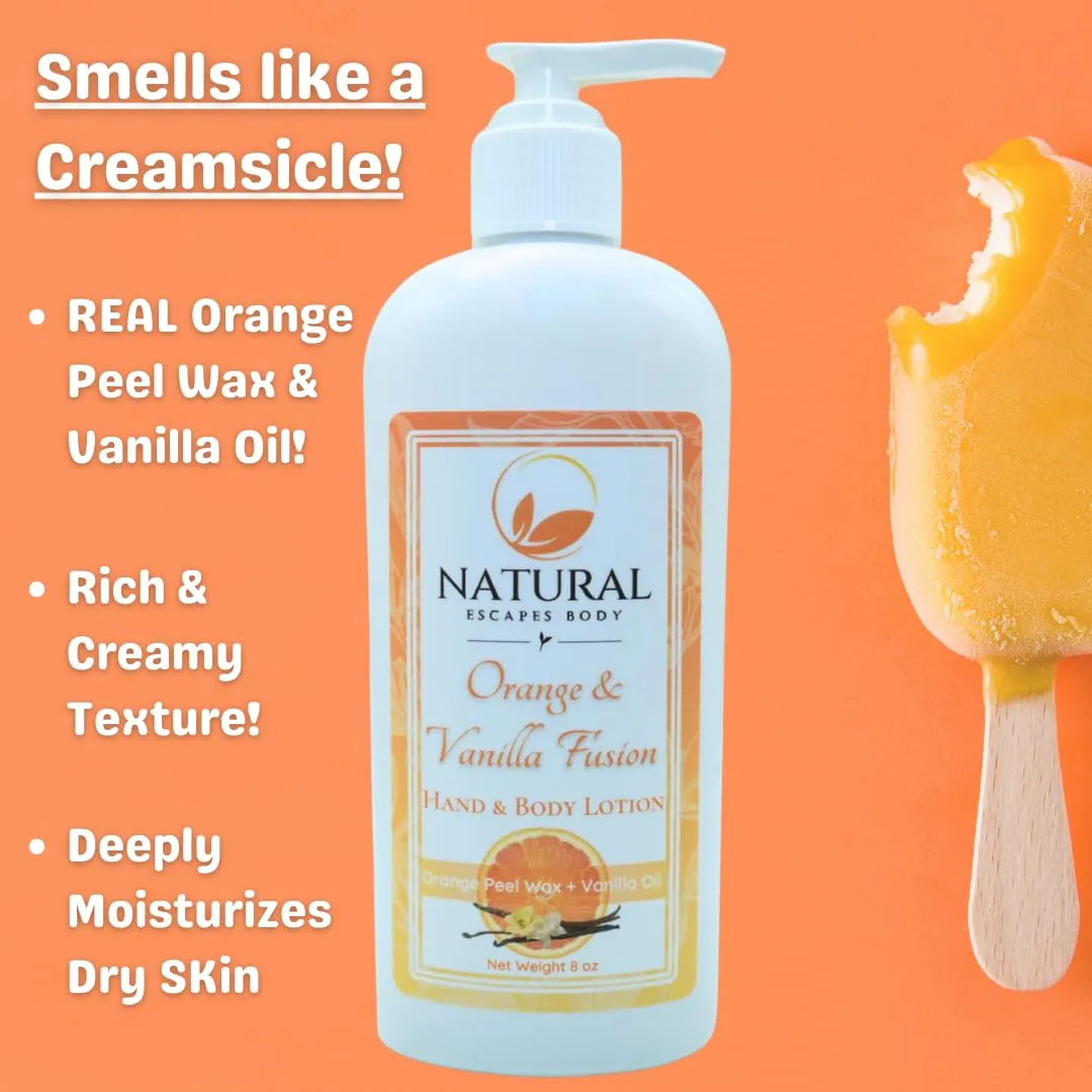 Orange & Vanilla Fusion Hand & Body Lotion, Natural Moisturizer for Dry Skin w/Aloe Vera, Coconut Oil, Ceramides, Vitamin B5, Vitamin E, Intense Moisturizing Cream 8 oz