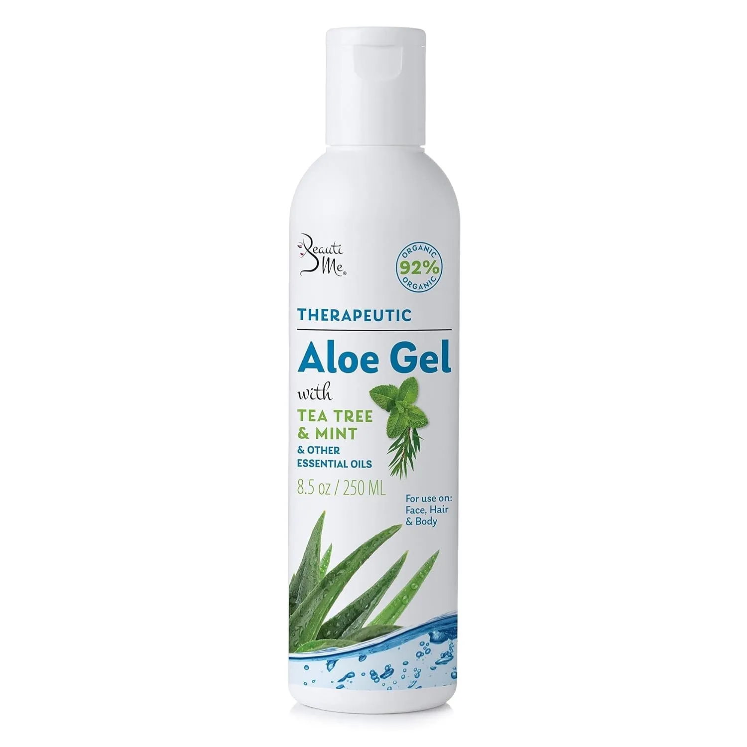 Organic Aloe Vera Gel for Face, Skin, Hair, Sunburn Relief, Infused with Therapeutic Tea Tree and Mint - 8.5 oz
