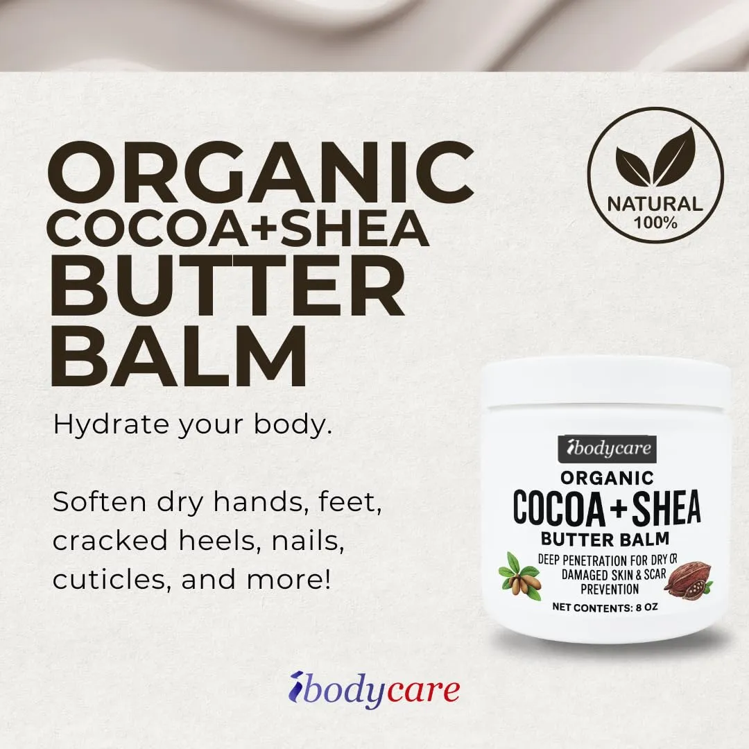 Organic Raw Cocoa Butter Shea Butter Body Balm with Coconut Oil, 8 oz Unrefined Natural Body Butter Blend with Shea Butter Moisture for Women, Baby, Children, Men, All Body (2)