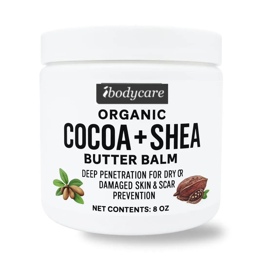 Organic Raw Shea Butter Cocoa Butter Body Balm with Coconut Oil, 8 oz Unrefined Natural Body Butter Blend for Women, Men, Kids, and All Skin Types
